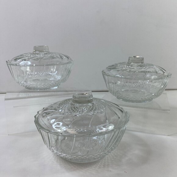 3 Crystal Glass Lidded Bowls Candy Dishes Textured Etched Swirl Design Vintage - Picture 1 of 10